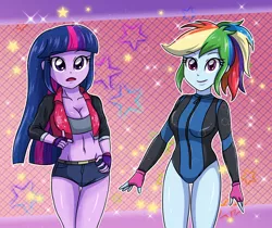 Size: 3507x2952 | Tagged: suggestive, artist:sumin6301, derpibooru import, rainbow dash, twilight sparkle, twilight sparkle (alicorn), equestria girls, belly button, breasts, cleavage, clothes, duo, duo female, female, fingerless gloves, gloves, long hair, long sleeves, looking at you, midriff, one-piece swimsuit, open mouth, ponytail, sexy, shorts, smiling, swimsuit, tight clothing, vest, wetsuit