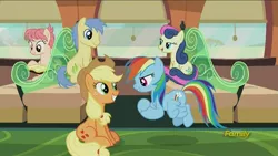 Size: 1920x1080 | Tagged: safe, derpibooru import, screencap, applejack, bon bon, goldengrape, rainbow dash, raspberry vinaigrette, sir colton vines iii, sweetie drops, pony, buckball season, book, female, friendship express, male, mare, reading, stallion