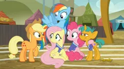 Size: 1277x713 | Tagged: safe, derpibooru import, screencap, applejack, fluttershy, pinkie pie, rainbow dash, snails, pony, unicorn, buckball season, colt, discovery family logo, male