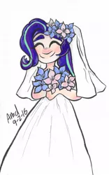 Size: 706x1131 | Tagged: artist:grocerystorephobic, clothes, cute, derpibooru import, dress, eyes closed, flower, glimmerbetes, human, humanized, safe, simple background, smiling, solo, starlight glimmer, thick eyebrows, wedding dress, white background