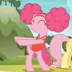 Size: 400x400 | Tagged: safe, derpibooru import, screencap, fluttershy, pinkie pie, pony, buckball season, alternate hairstyle, animated, bipedal, clothes, cropped, dancing, eyes closed, gif, loop, pinktails pie, solo focus