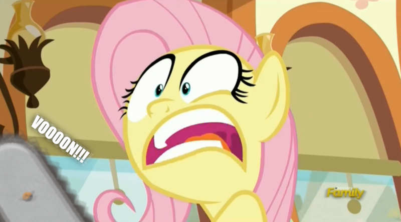 Size: 1280x710 | Tagged: buckball season, chainsaw, derpibooru import, discovery family logo, edit, edited screencap, fluttershy, .mov, pony.mov, safe, screencap, shed.mov