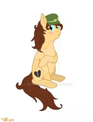 Size: 600x786 | Tagged: safe, artist:corwolf, derpibooru import, oc, oc:heartbreak, unofficial characters only, earth pony, pony, blushing, branding, cyan eyes, female, hat, heart, human in equestria, human to pony, male to female, mare, messy mane, my little heartbreak, rubbing, rule 63, sitting, solo, watermark