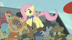 Size: 1279x716 | Tagged: safe, derpibooru import, screencap, apple munchies, fluttershy, goldengrape, jonagold, lucky clover, marmalade jalapeno popette, meadow song, sir colton vines iii, pony, buckball season, apple family member, female, mare, plot