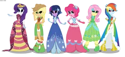 Size: 5240x2405 | Tagged: safe, artist:asika-aida, derpibooru import, applejack, fluttershy, pinkie pie, rainbow dash, rarity, twilight sparkle, equestria girls, the best night ever, clothes, cowboy hat, dress, equestria girls interpretation, gala dress, hat, humane six, mane six, scene interpretation, simple background, stetson, transparent background, vector