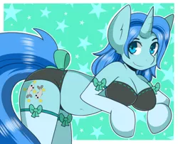 Size: 766x622 | Tagged: suggestive, artist:koimii, derpibooru import, oc, oc:fishie wishes, unofficial characters only, anthro, unicorn, anthro oc, arm hooves, big breasts, breasts, clothes, collar, female, plump, solo, solo female, stockings, tail bow