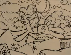 Size: 2090x1617 | Tagged: safe, artist:katkathasahathat, derpibooru import, pinkie pie, earth pony, pony, balloon, blushing, eyes closed, floating, flying, monochrome, ponyville, smiling, solo, then watch her balloons lift her up to the sky, traditional art