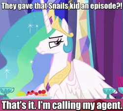 Size: 796x720 | Tagged: annoyed, buckball season, caption, celestia is not amused, derpibooru import, edit, edited screencap, image macro, meme, no second prances, princess celestia, safe, screencap, solo