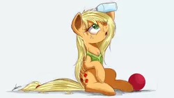 Size: 2000x1125 | Tagged: safe, artist:ncmares, derpibooru import, applejack, earth pony, pony, buckball season, aftermath, ball, clothes, cute, female, loose hair, mare, newbie artist training grounds, one eye closed, open mouth, sitting, solo, water, water bottle, wet mane