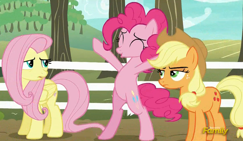 Size: 1206x702 | Tagged: safe, derpibooru import, screencap, applejack, fluttershy, pinkie pie, pony, buckball season, applejack is not amused, cropped, discovery family logo, fluttershy is not amused