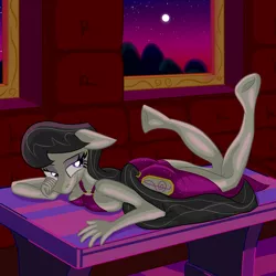 Size: 2000x2000 | Tagged: anthro, artist:noctulov, bedroom eyes, breasts, busty octavia, butt, clothes, derpibooru import, dress, female, moon, night, octavia melody, sideboob, solo, solo female, suggestive, unguligrade anthro