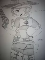 Size: 2871x3804 | Tagged: safe, artist:missmayaleanne, derpibooru import, sunset shimmer, equestria girls, bamf, crossover, gun, jesse mccree, monochrome, overwatch, solo, traditional art, weapon