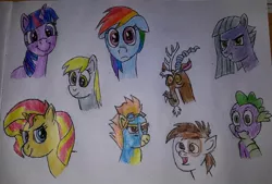 Size: 960x648 | Tagged: safe, artist:rapidsnap, derpibooru import, derpy hooves, discord, limestone pie, pipsqueak, rainbow dash, spike, spitfire, sunset shimmer, twilight sparkle, pony, floppy ears, traditional art