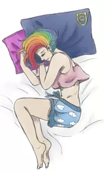 Size: 545x899 | Tagged: artist:pockypocky, bed, clothes, color, derpibooru import, female, human, humanized, midriff, pajamas, pillow, rainbow dash, safe, sketch, sleeping, snuggling, solo, tanktop, wondercolts