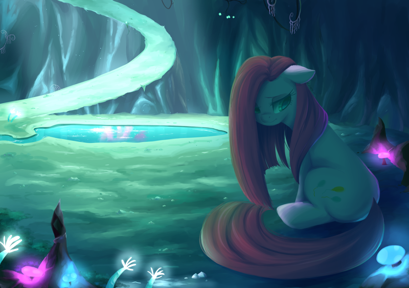 Size: 1200x845 | Tagged: safe, artist:kelsea-chan, derpibooru import, pinkie pie, cave, cave pool, floppy ears, frown, mirror pool, mushroom, pinkamena diane pie, sitting, solo