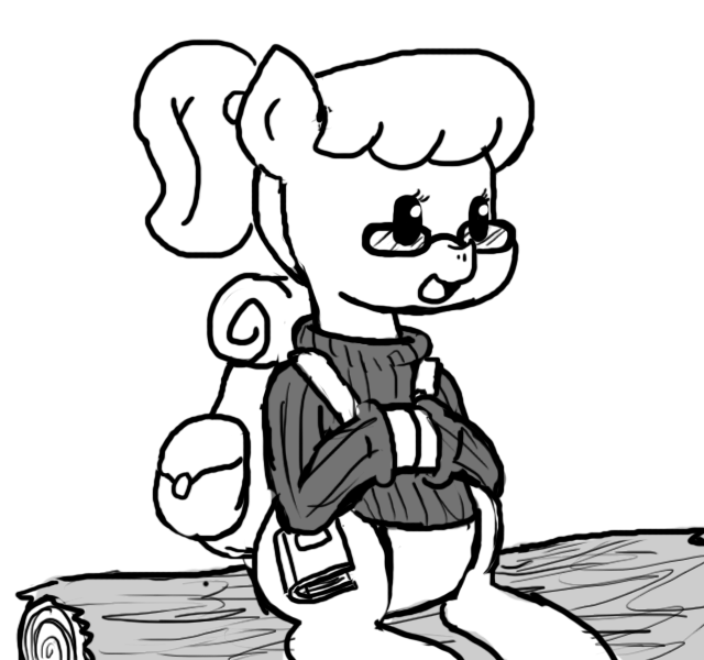 Size: 640x600 | Tagged: safe, artist:ficficponyfic, derpibooru import, oc, oc:loupe, unofficial characters only, earth pony, pony, colt quest, adult, backpack, book, clothes, cute, cutie mark, cyoa, female, glasses, log, mare, monochrome, ponytail, sitting, smiling, solo focus, story included, sweater, talking, wood