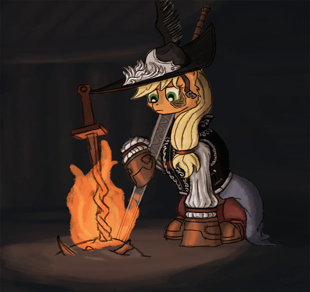 Size: 1000x942 | Tagged: applejack, armor, artist:sensko, bonfire, dark souls, dark souls 2, derpibooru import, hat, lucatiel of mirrah, safe, sword, weapon