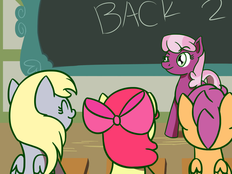 Size: 1280x960 | Tagged: safe, artist:flutterluv, derpibooru import, apple bloom, cheerilee, derpy hooves, scootaloo, pegasus, pony, confused, female, mare, newbie artist training grounds, ponyville schoolhouse, raised eyebrow, school