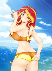 Size: 2200x3000 | Tagged: artist:magico-enma, beach, bikini, breasts, bunset shimmer, busty sunset shimmer, buttcrack, clothes, derpibooru import, female, human, humanized, looking at you, ocean, one eye closed, pointy ponies, soda, solo, suggestive, sunset shimmer, swimsuit, wink