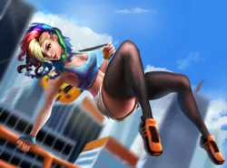 Size: 5887x4389 | Tagged: absurd resolution, armpits, artist:sunset tide, backpack, breasts, busty rainbow dash, cleavage, clothes, derpibooru import, female, gloves, human, humanized, midriff, mirror's edge, outdoors, pants, parkour, pixiv, rainbow dash, safe, shoes, shorts, sneakers, socks, solo, tanktop, thigh highs
