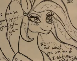 Size: 1979x1573 | Tagged: safe, artist:katkathasahathat, derpibooru import, princess celestia, heavy metal lover, lady gaga, monochrome, solo, song, song reference, traditional art