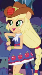 Size: 224x400 | Tagged: safe, derpibooru import, screencap, apple bloom, applejack, scootaloo, equestria girls, bare shoulders, boots, cropped, cute, dancing, fall formal, fall formal outfits, high heel boots, ponied up, ponytail, sleeveless, solo focus, strapless