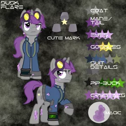 Size: 2000x2000 | Tagged: artist:hoodwinkedtales, derpibooru import, fallout equestria, fallout equestria: relics of the past, goggles, oc, oc:dusk flare, reference sheet, safe, solo, unofficial characters only