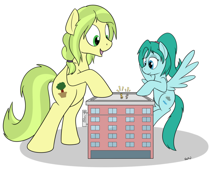 Size: 2308x1852 | Tagged: safe, artist:rapidstrike, derpibooru import, oc, oc:cumulonimbus, oc:goatmod, oc:paige, oc:sequoia, unofficial characters only, earth pony, goat, pegasus, pony, bedroom eyes, building, giant pony, loss (meme), macro, simple background, smiling, transparent background