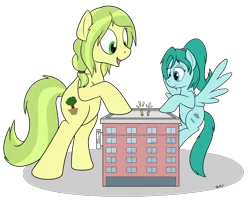 Size: 2308x1852 | Tagged: safe, artist:rapidstrike, derpibooru import, oc, oc:cumulonimbus, oc:goatmod, oc:paige, oc:sequoia, unofficial characters only, earth pony, goat, pegasus, pony, bedroom eyes, building, giant pony, loss (meme), macro, simple background, smiling, transparent background