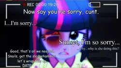 Size: 1274x717 | Tagged: semi-grimdark, derpibooru import, edit, snails, twilight sparkle, equestria girls, abuse, abuse edit, black eye, blood, crying, edgy, eqg abuse edits, female, implied snips, implied sunset shimmer, nosebleed, out of context, twilybuse