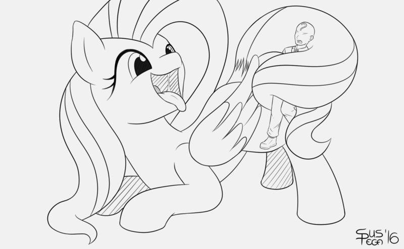 Size: 1618x1000 | Tagged: questionable, artist:suspega, derpibooru import, fluttershy, oc, oc:anon, human, drool, image, imminent vore, monochrome, open mouth, png, ponies eating humans, prehensile tail, size difference, tongue out, vore