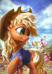 Size: 850x1200 | Tagged: safe, artist:assasinmonkey, derpibooru import, applejack, fluttershy, pinkie pie, rainbow dash, earth pony, pony, buckball season, ball, bucket, clothes, cowboy hat, cute, female, hat, jackabetes, looking back, mare, messy mane, raised hoof, shirt, stetson