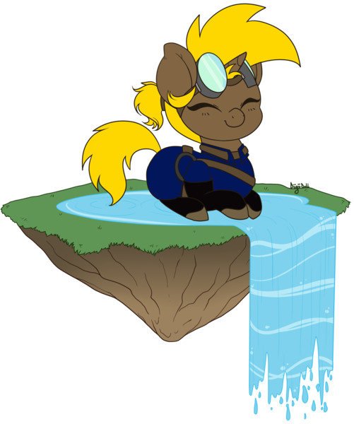 Size: 1913x2290 | Tagged: safe, artist:diigii-doll, derpibooru import, oc, oc:golden gear, unofficial characters only, pony, unicorn, boots, clothes, cute, dirt cube, eyes closed, female, floating, floating island, goggles, happy, jumpsuit, mare, simple background, solo, transparent background, waterfall