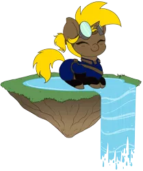 Size: 1913x2290 | Tagged: safe, artist:diigii-doll, derpibooru import, oc, oc:golden gear, unofficial characters only, pony, unicorn, boots, clothes, cute, dirt cube, eyes closed, female, floating, floating island, goggles, happy, jumpsuit, mare, simple background, solo, transparent background, waterfall