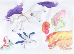 Size: 5000x3636 | Tagged: safe, artist:dawn22eagle, derpibooru import, oc, oc:bardsey, oc:cackling confetti, oc:elstar, oc:heavenly aster, oc:icebreaker, oc:pink lady, oc:velvety mirage, unofficial characters only, classical unicorn, earth pony, pegasus, pony, unicorn, braid, cloven hooves, colored wings, colored wingtips, leonine tail, magical lesbian spawn, next generation, offspring, parent:babs seed, parent:big macintosh, parent:cheerilee, parent:double diamond, parent:night glider, parent:party favor, parent:princess luna, parent:sugar belle, parent:twist, parents:babstwist, parents:cheerimac, parents:nightdiamond, parents:partybelle, realistic horse legs, sisters, traditional art, unshorn fetlocks