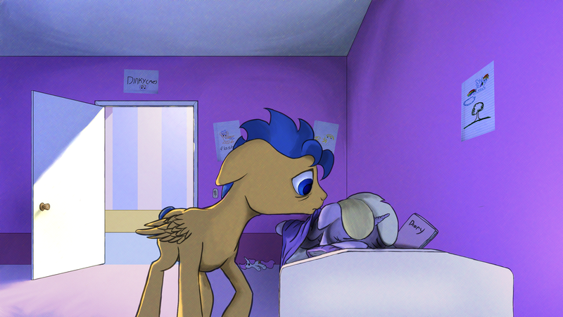 Size: 2870x1614 | Tagged: safe, artist:aaronmk, derpibooru import, dinky hooves, flash sentry, sad, tucking in