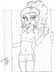 Size: 1268x1640 | Tagged: safe, artist:tonystorm12, derpibooru import, adagio dazzle, equestria girls, belly button, clothes, lined paper, midriff, mirror, mobile phone, monochrome, phone, ponytail, selfie, solo, sports bra, sports shorts, traditional art