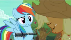 Size: 1920x1080 | Tagged: safe, derpibooru import, screencap, applejack, rainbow dash, pony, buckball season, meme, misheard, vulgar, youtube caption