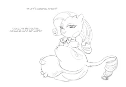 Size: 1153x800 | Tagged: amputee, artist:carnifex, cow, derpibooru import, female, grayscale, lineart, mcnuggies, monochrome, quadruple amputee, raricow, rarity, safe, solo, species swap, speech, udder