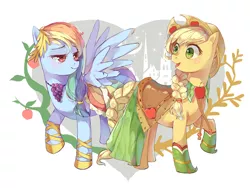 Size: 1100x825 | Tagged: safe, artist:usami, derpibooru import, applejack, rainbow dash, pony, appledash, clothes, dress, female, gala dress, lesbian, mare, raised hoof, shipping