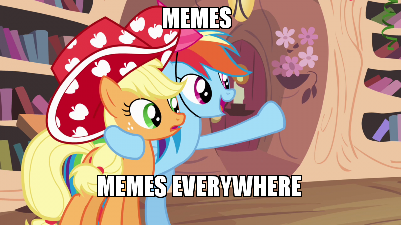 Size: 800x450 | Tagged: applejack, derpibooru import, everywhere meme pony edition, meme, party stetson, rainbow dash, safe, x x everywhere