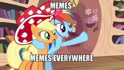 Size: 800x450 | Tagged: applejack, derpibooru import, everywhere meme pony edition, meme, party stetson, rainbow dash, safe, x x everywhere