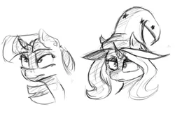 Size: 894x593 | Tagged: safe, artist:post-it, derpibooru import, trixie, twilight sparkle, pony, unicorn, female, mare, monochrome, sketch, sketch dump