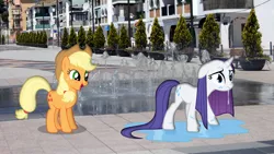 Size: 1920x1080 | Tagged: applejack, artist:harpycross, derpibooru import, fountain, irl, laughing, photo, ponies in real life, rarity, safe, wet, wet mane, wet mane rarity