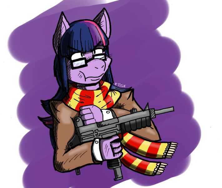 Size: 1732x1462 | Tagged: anthro, artist:theoneguy, bad taste, clothes, crossover, derpibooru import, glasses, movie, peter jackson, safe, scarf, twilight sparkle, uzi