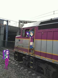 Size: 717x960 | Tagged: safe, derpibooru import, aria blaze, indigo zap, rarity, equestria girls, emd, equestria girls in real life, f40ph, irl, locomotive, photo, train