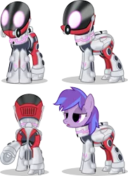 Size: 3000x4126 | Tagged: suggestive, artist:nxzc88, derpibooru import, oc, oc:starshine bomber, unofficial characters only, pegasus, pony, armor, bedroom eyes, brainwashed, collage, collar, different perspective, female, helmet, high heels, hypnosis, latex, latex suit, lidded eyes, no catchlights, offscreen character, open mouth, pov, powered exoskeleton, profile, rear view, rubber drone, simple background, solo, solo female, transparent background, underhoof, vacant expression