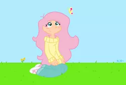 Size: 2220x1498 | Tagged: artist:rainbowheartpony, blushing, blush sticker, bra strap, butterfly, clothes, converse, derpibooru import, fluttershy, human, humanized, jeans, pants, safe, shoes, sneakers, sweater, sweatershy
