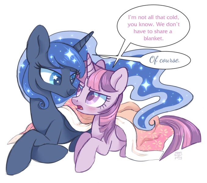 Size: 2964x2622 | Tagged: safe, artist:hawthornss, derpibooru import, princess luna, twilight sparkle, twilight sparkle (alicorn), alicorn, pony, blanket, blushing, colored pupils, crossed hooves, cute, dialogue, eye contact, female, lesbian, looking at each other, lying down, mare, prone, shipping, simple background, speech bubble, starry eyes, transparent background, tsundere, tsunlight sparkle, twiluna, wingding eyes