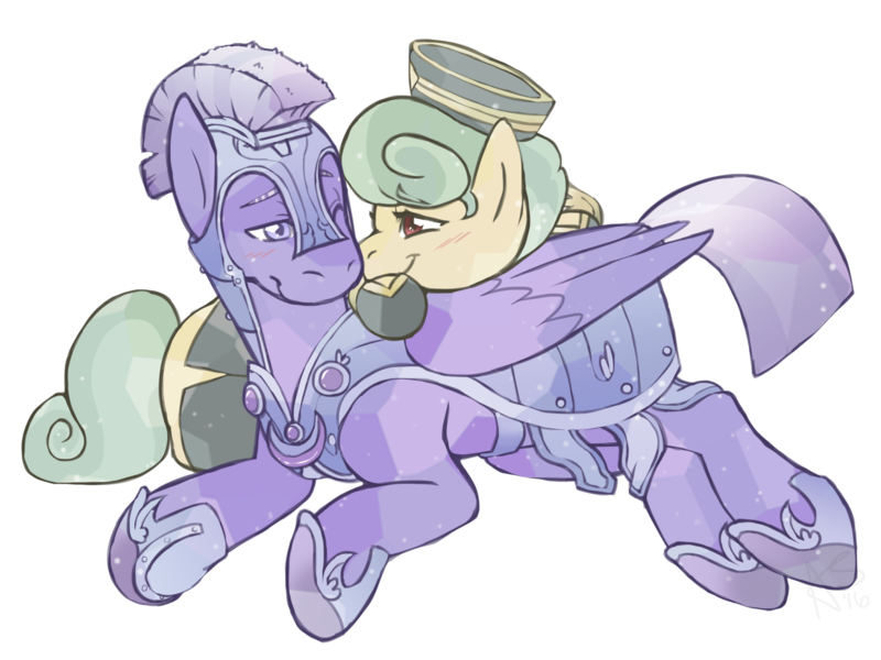 Size: 2000x1500 | Tagged: safe, artist:curiouskeys, derpibooru import, cinnabar, golden hooves, quicksilver, crystal pony, earth pony, pegasus, pony, armor, bedroom eyes, cinnasilver, clothes, crystal empire, guard, mailmare, male, shipping, straight, uniform